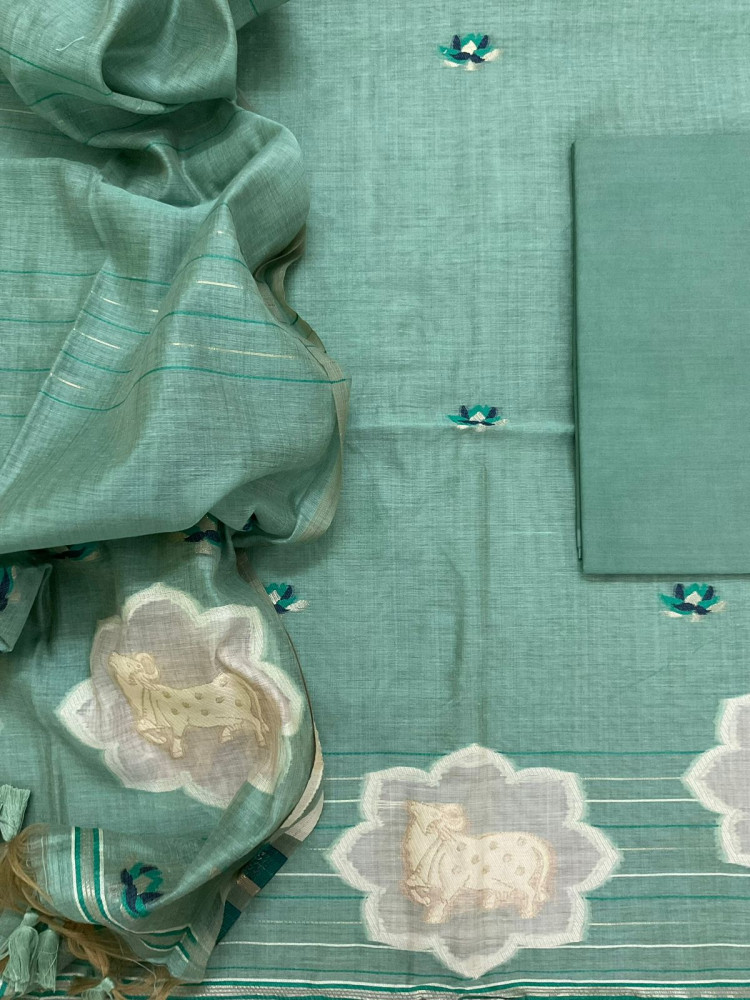 Image of Pure Slub Chanderi Jamdani Weaved Suit - Green