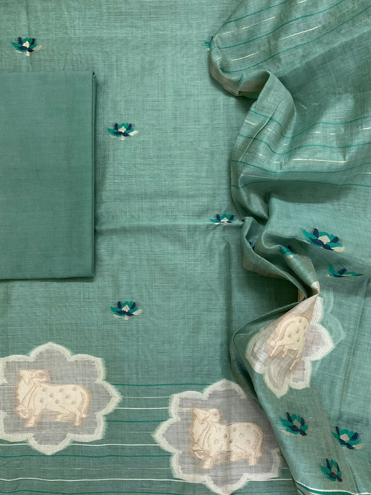 Pure Slub Chanderi Jamdani Weaved Suit - Green