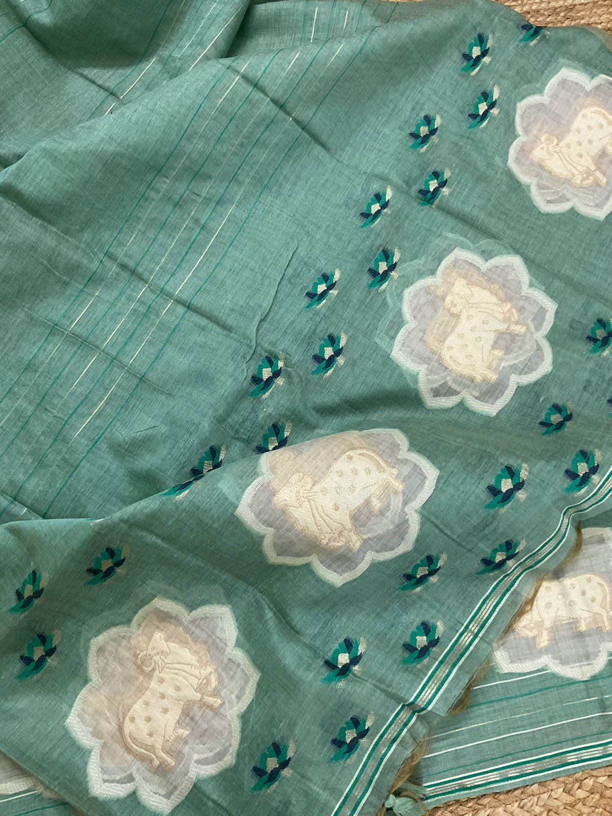 Pure Slub Chanderi Jamdani Weaved Suit - Green