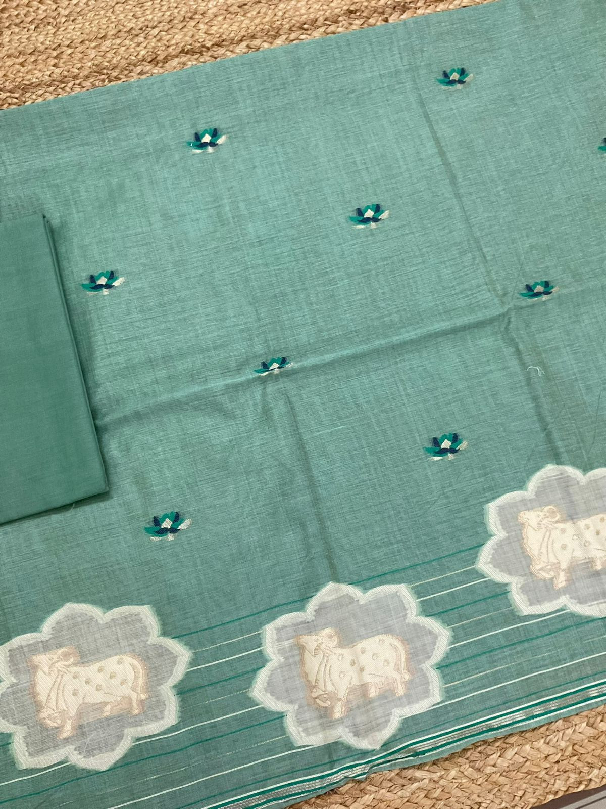 Pure Slub Chanderi Jamdani Weaved Suit - Green