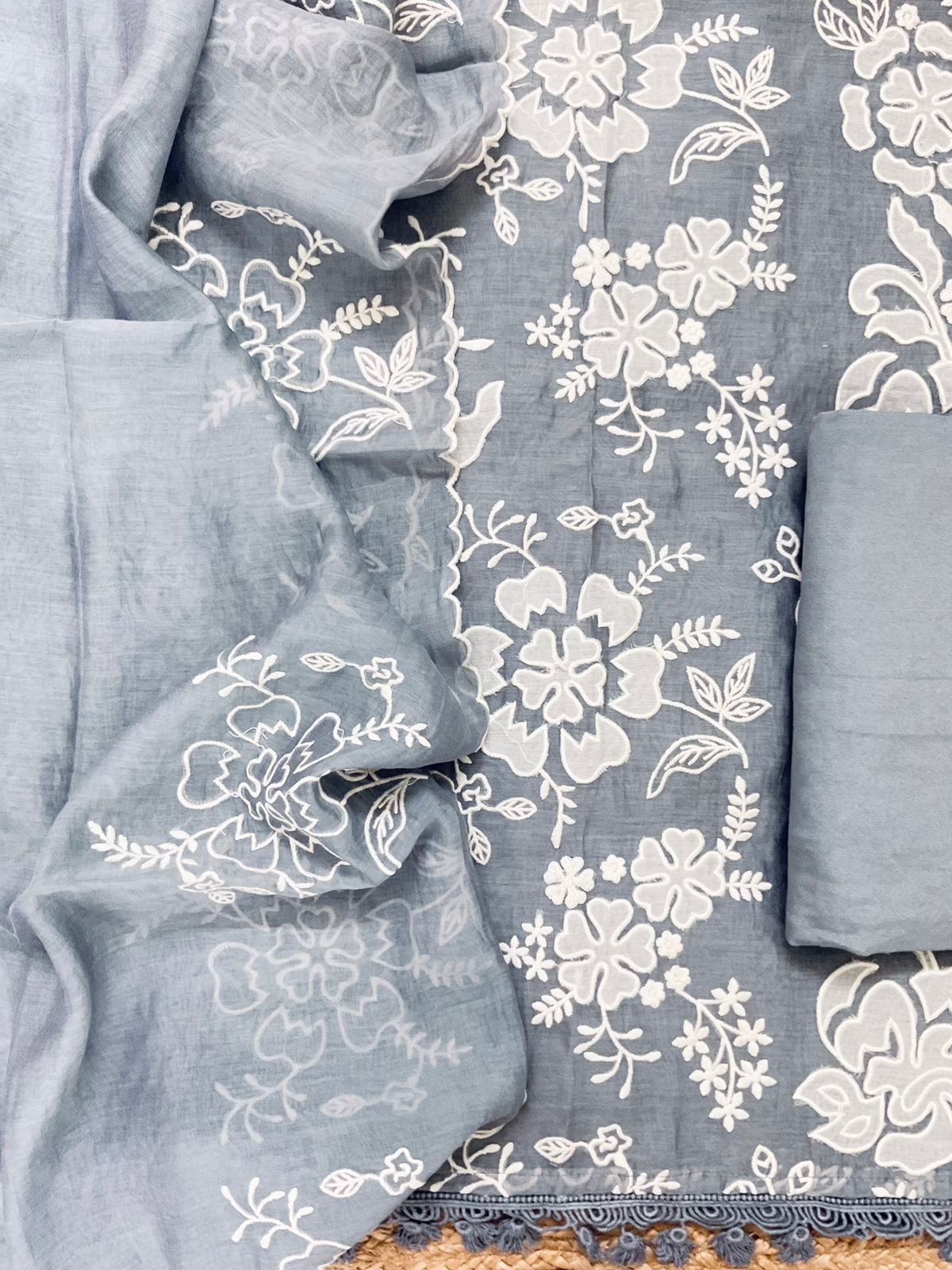 Pure Mul Chanderi Embroidered Suit - Grey