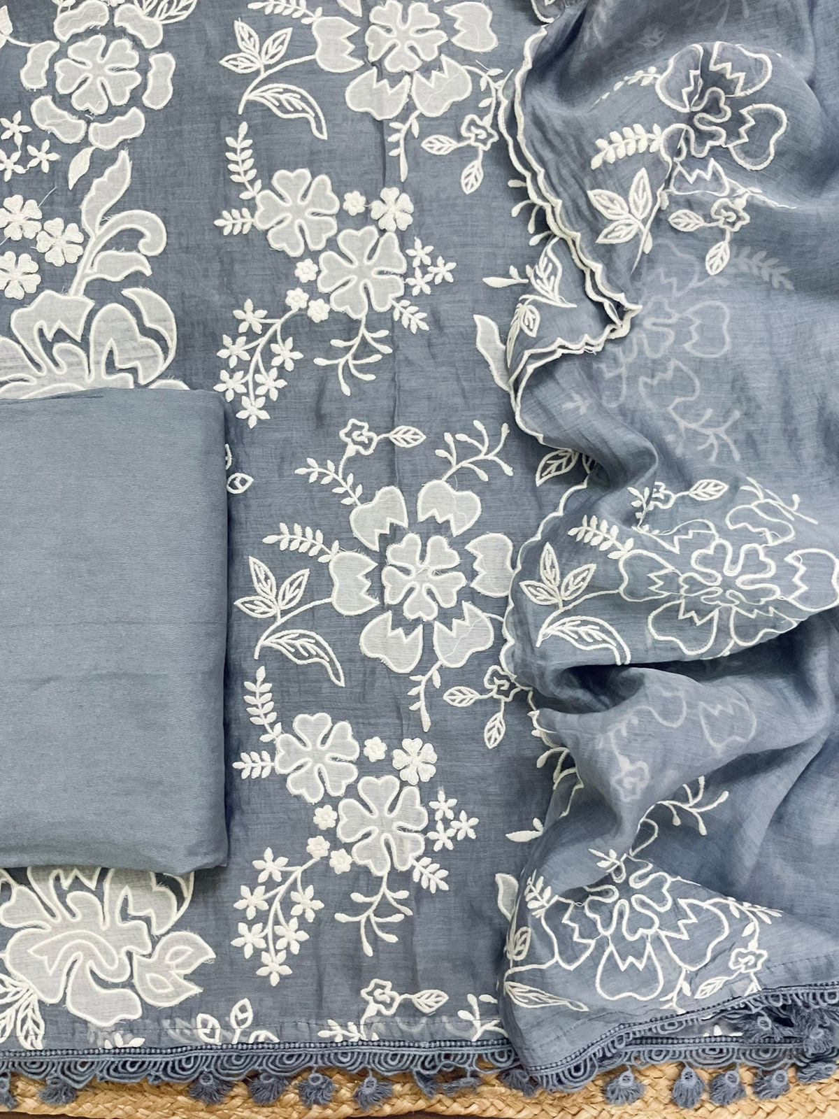 Pure Mul Chanderi Embroidered Suit - Grey