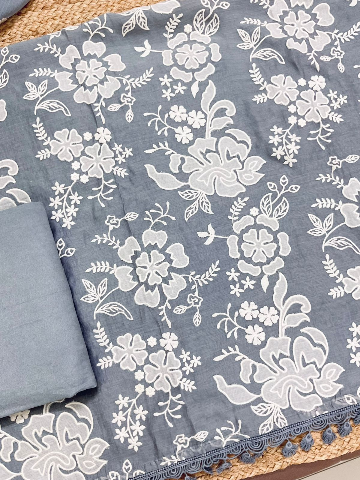 Pure Mul Chanderi Embroidered Suit - Grey