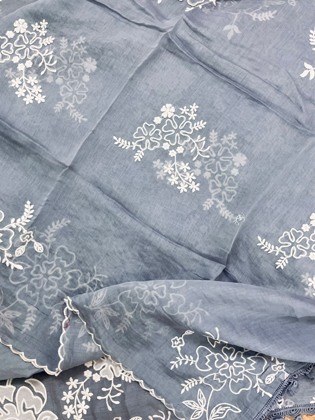 Pure Mul Chanderi Embroidered Suit - Grey