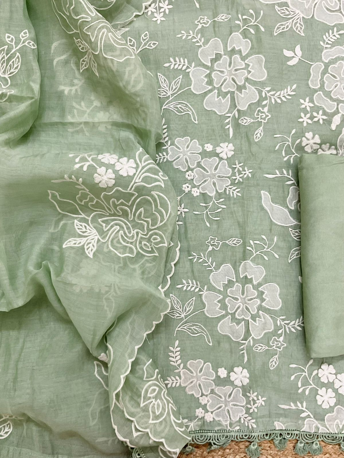 Pure Mul Chanderi Embroidered Suit - Green