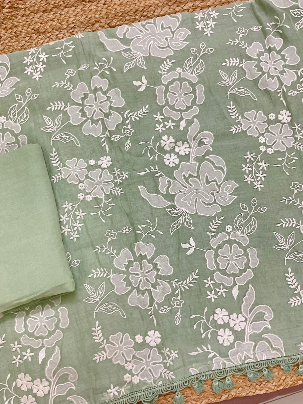 Pure Mul Chanderi Embroidered Suit - Green
