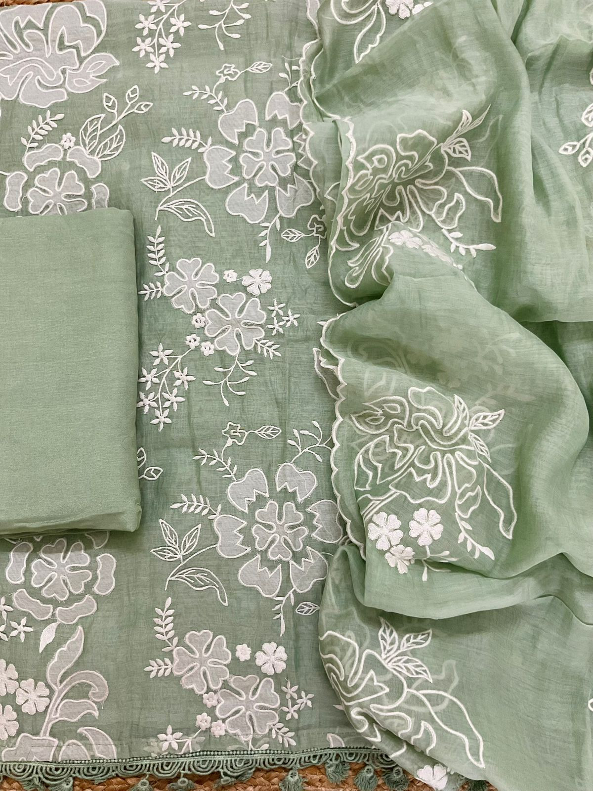 Pure Mul Chanderi Embroidered Suit - Green