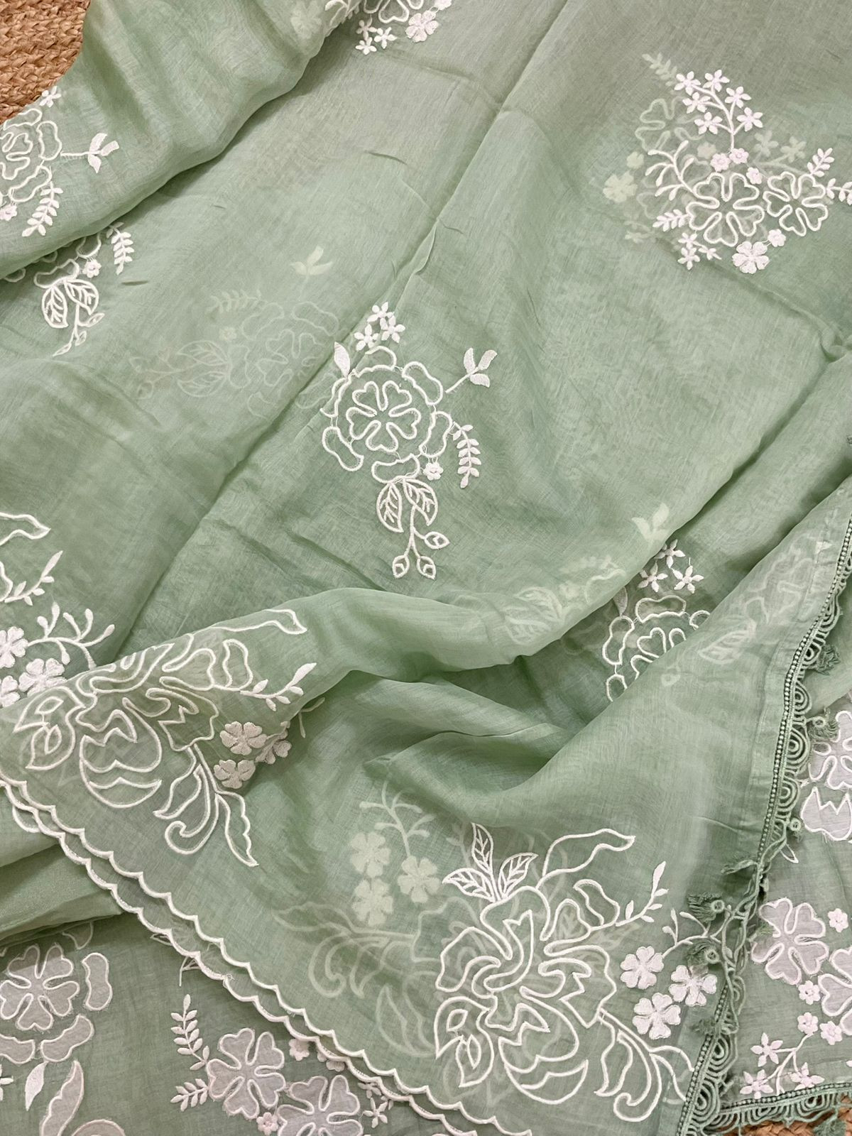 Pure Mul Chanderi Embroidered Suit - Green