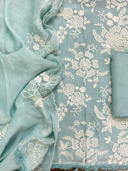 Image of Pure Mul Chanderi Embroidered Suit - Blue