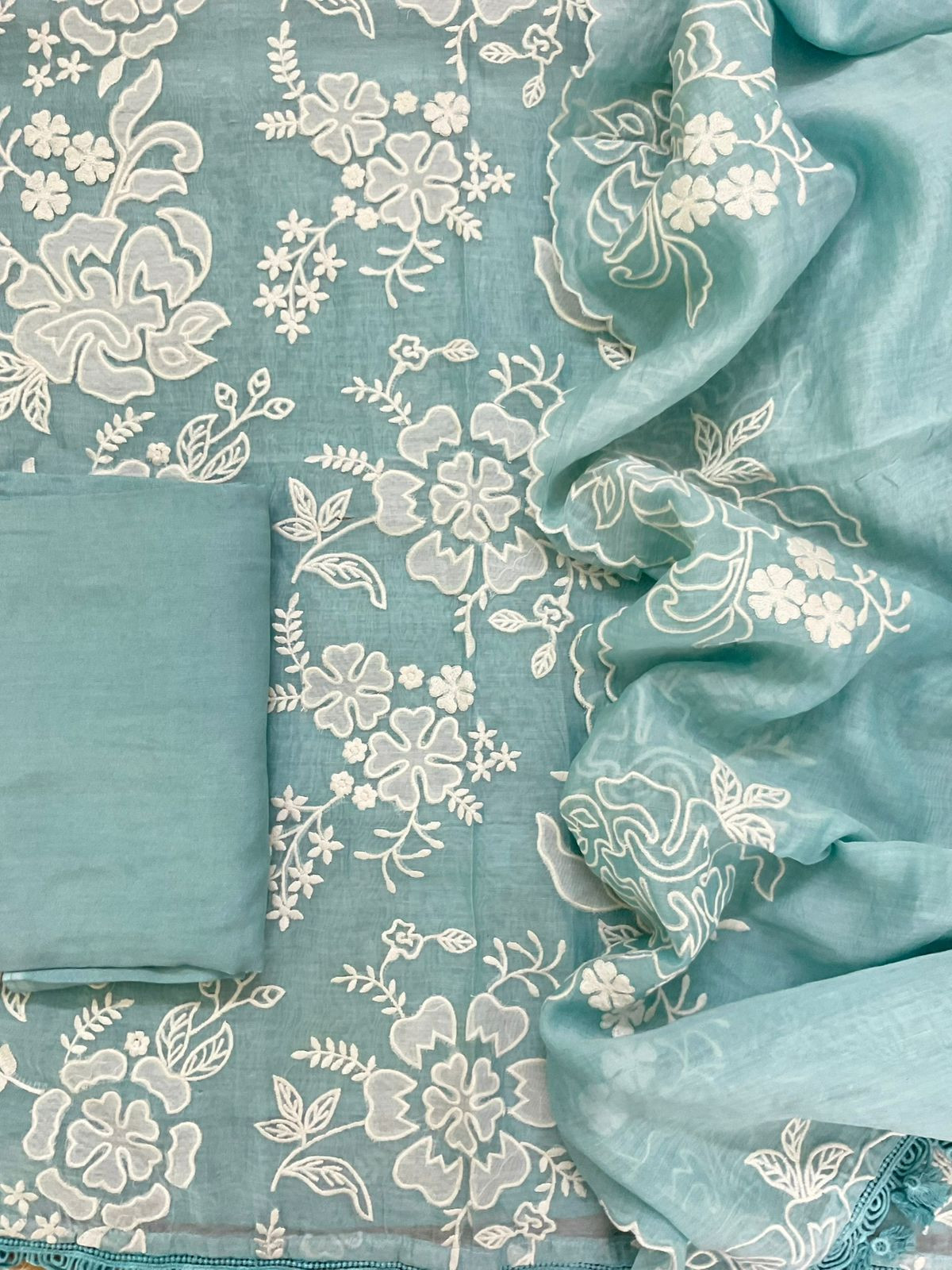 Pure Mul Chanderi Embroidered Suit - Blue