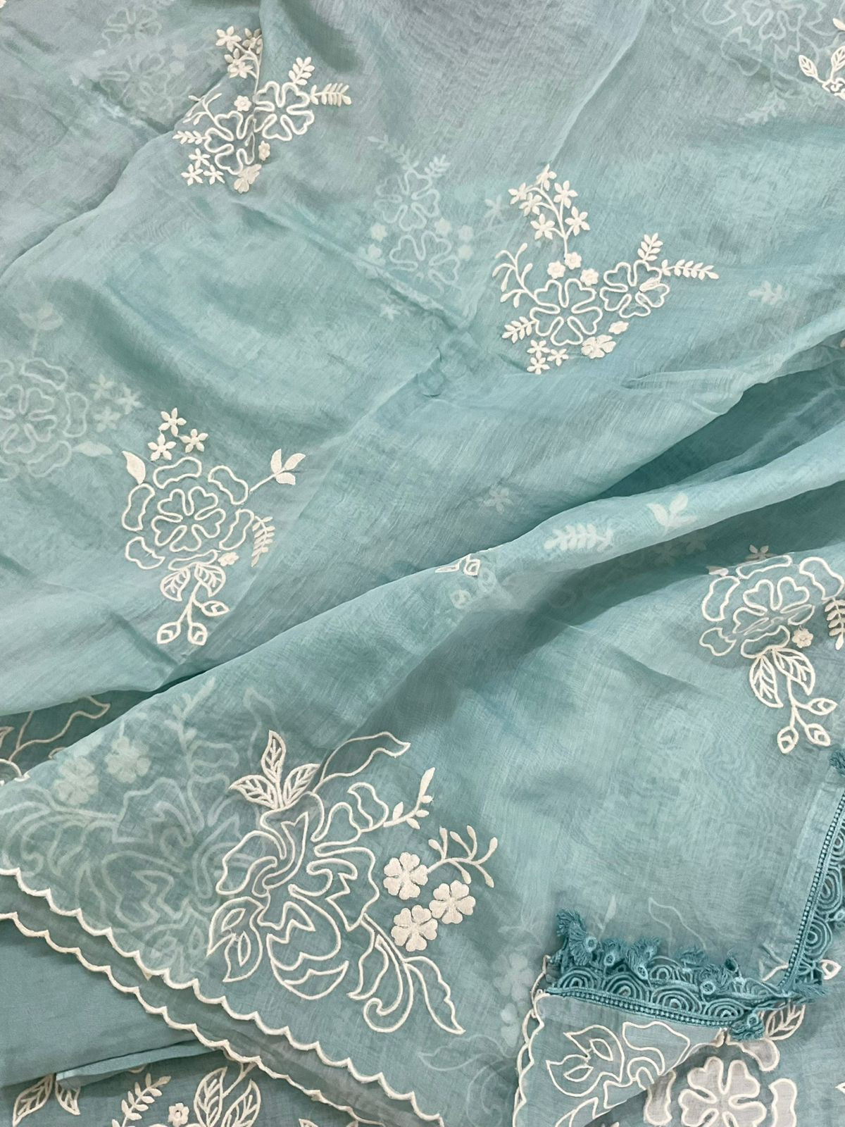 Pure Mul Chanderi Embroidered Suit - Blue