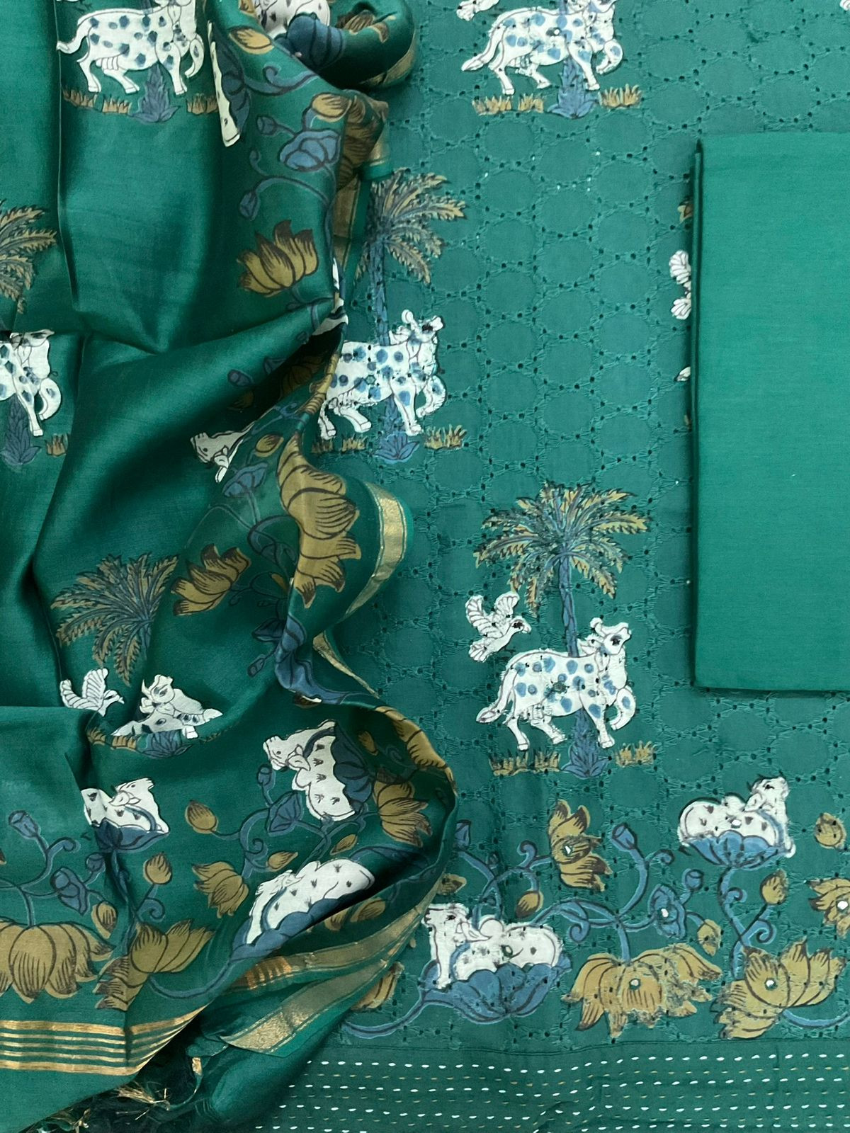 Pure Hakoba Cotton Printed Embroidered Suit - Green