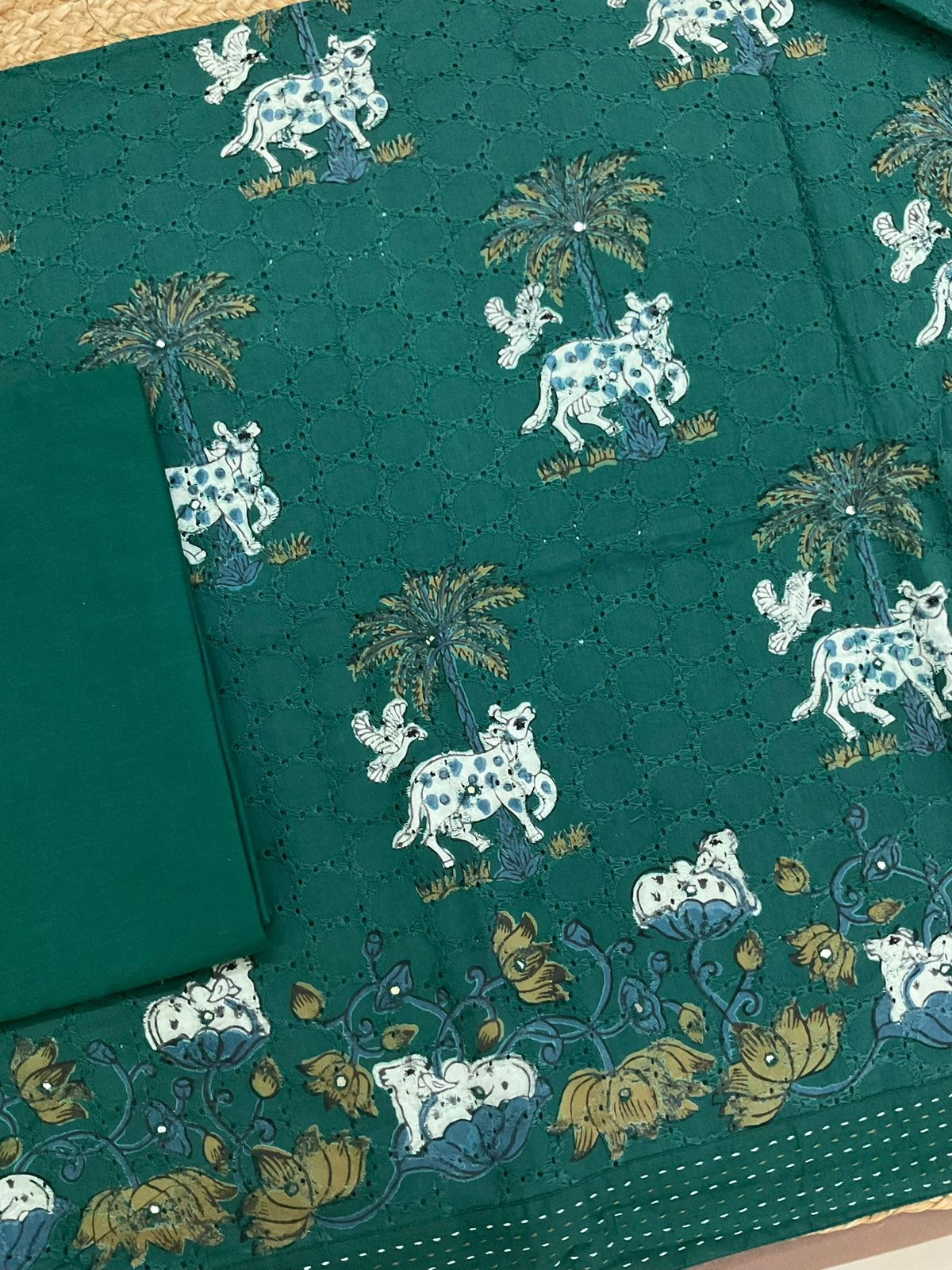 Pure Hakoba Cotton Printed Embroidered Suit - Green