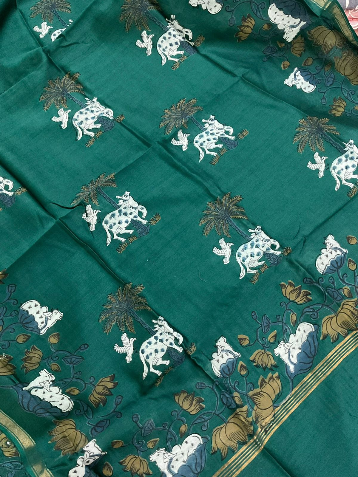Pure Hakoba Cotton Printed Embroidered Suit - Green