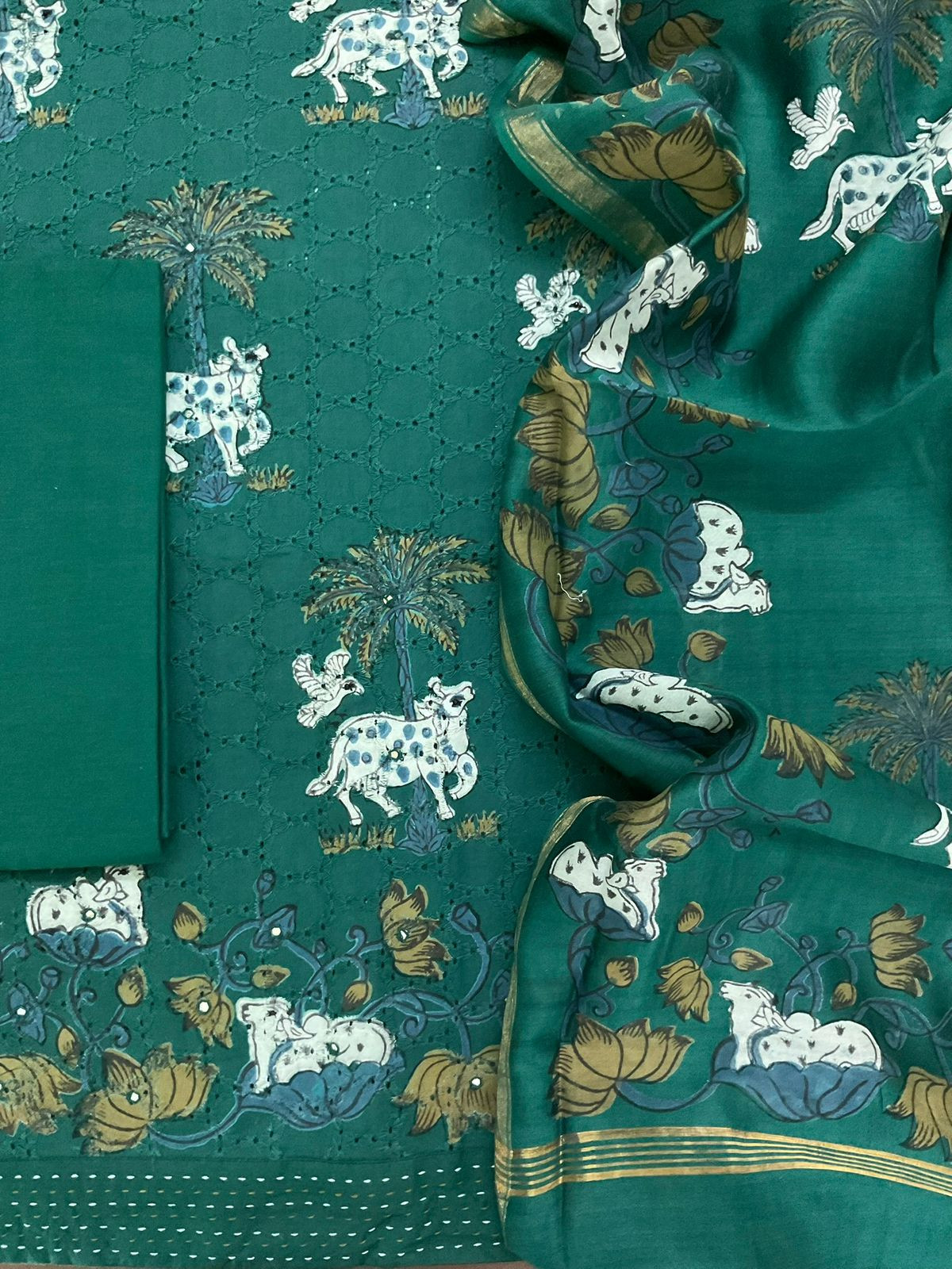 Pure Hakoba Cotton Printed Embroidered Suit - Green