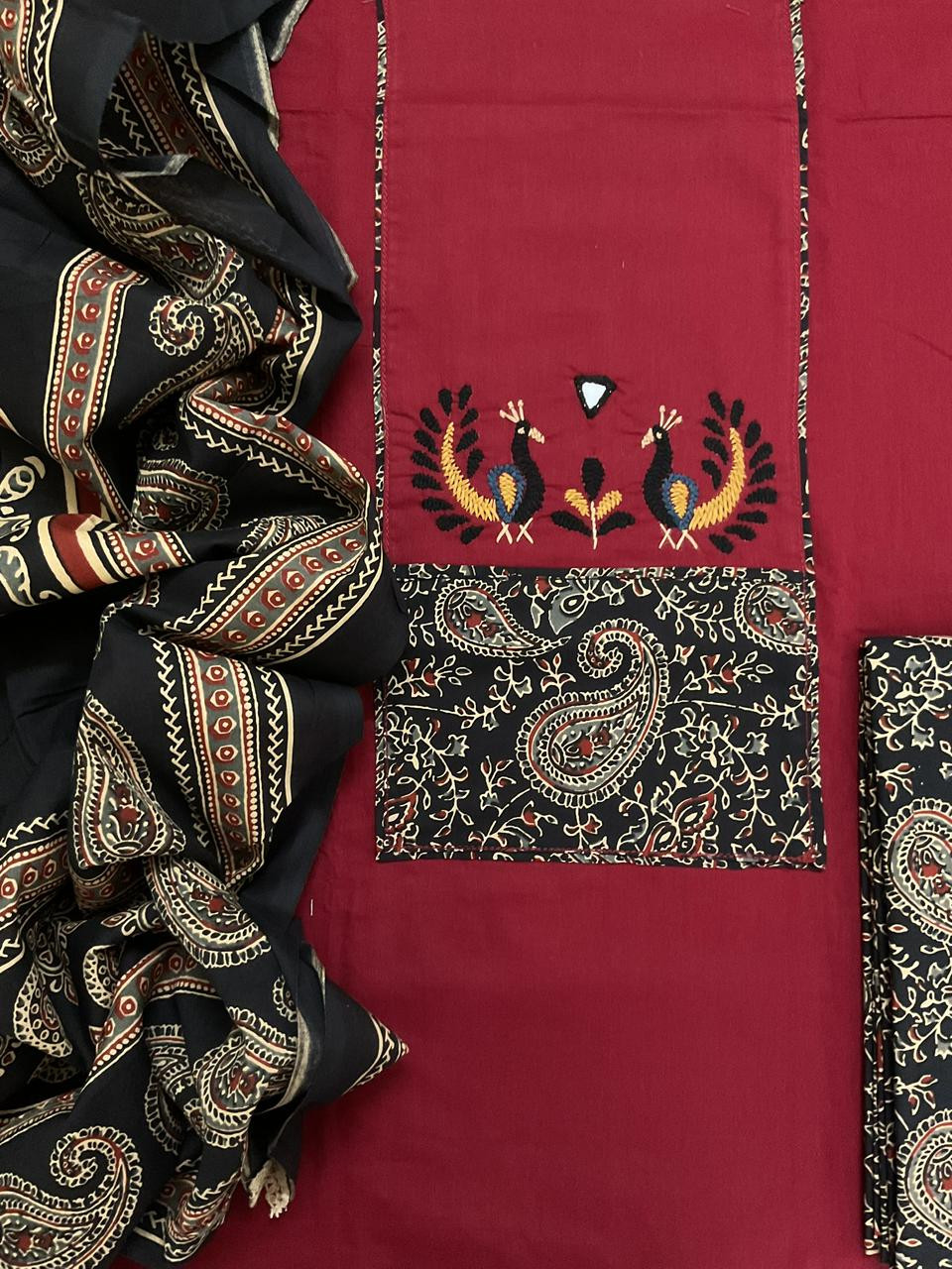 Pure Cotton Printed Embroidered Suit - Maroon