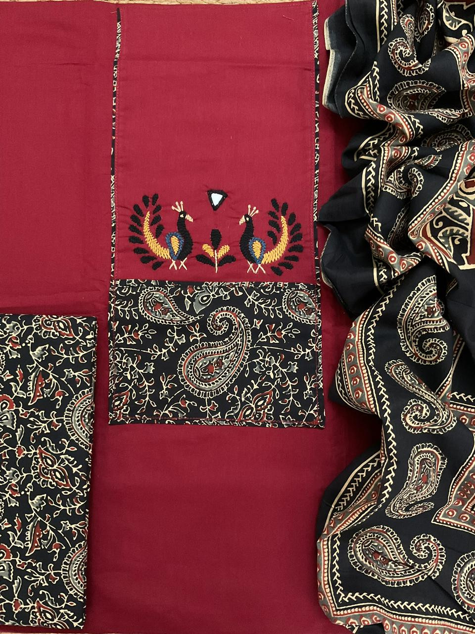 Pure Cotton Printed Embroidered Suit - Maroon