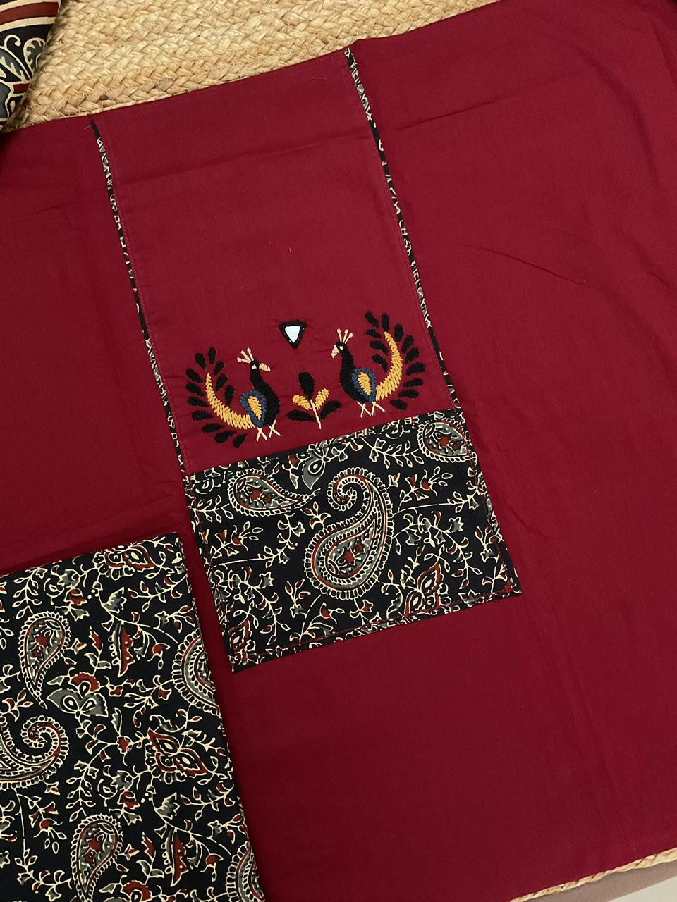Pure Cotton Printed Embroidered Suit - Maroon