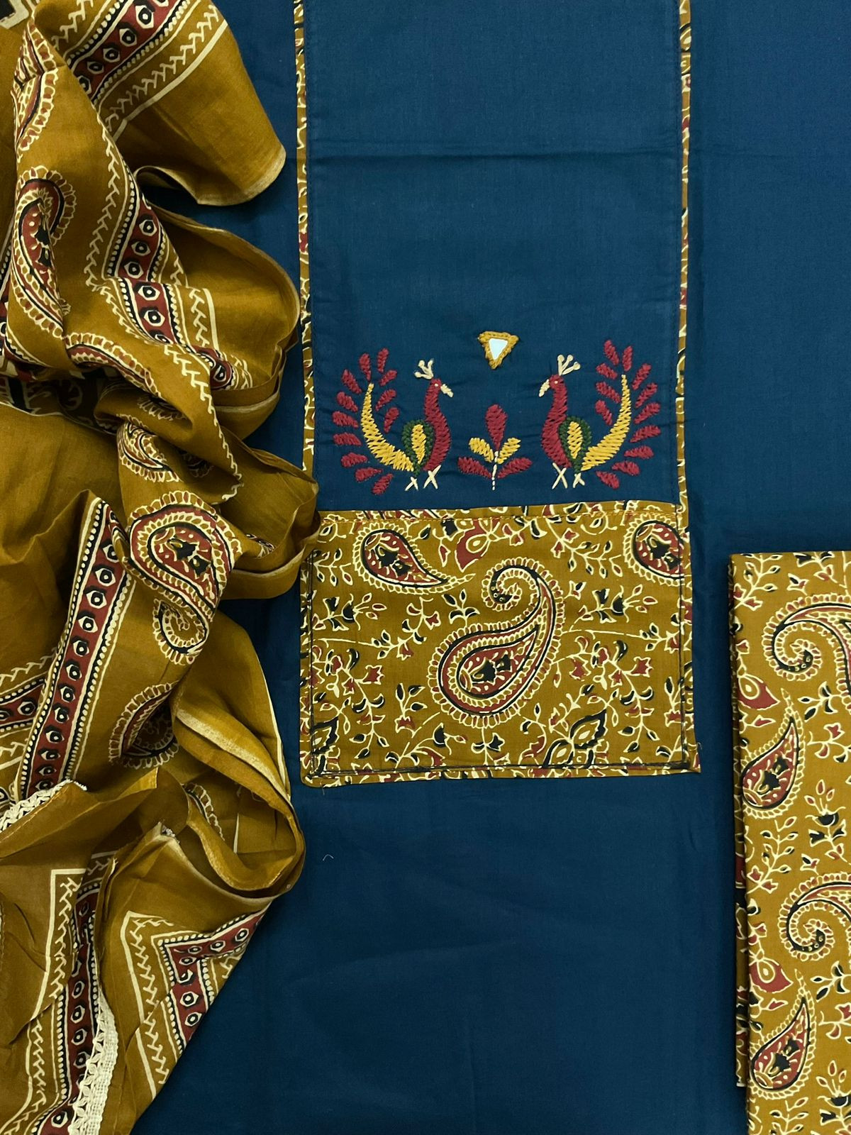 Pure Cotton Printed Embroidered Suit - Blue