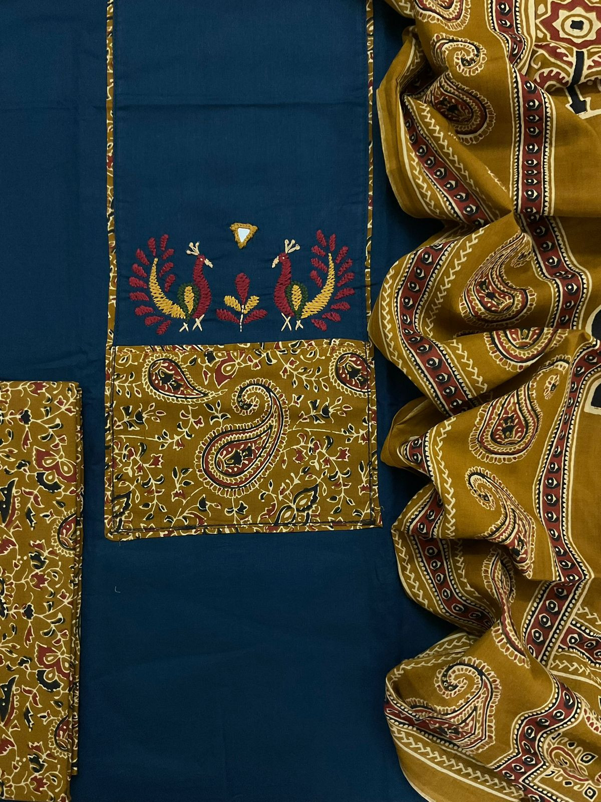 Pure Cotton Printed Embroidered Suit - Blue