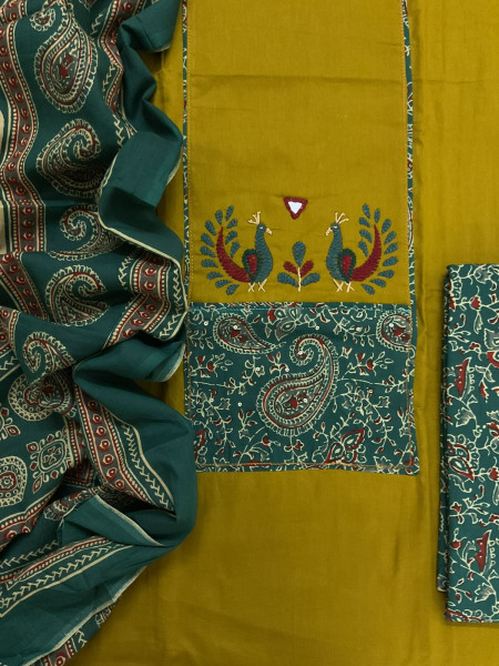 Image of Pure Cotton Printed Embroidered Suit - Yellow