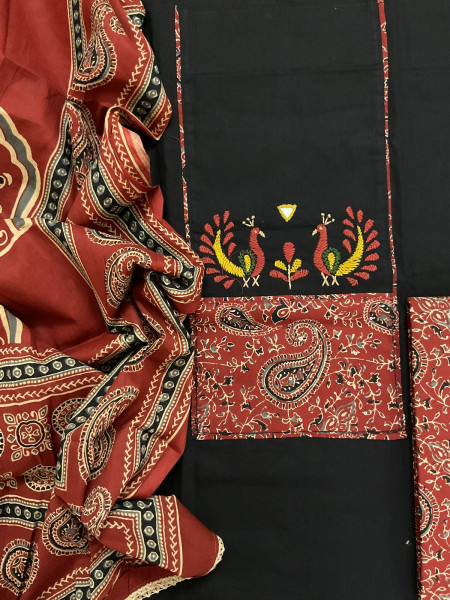 Image of Pure Cotton Printed Embroidered Suit - Black