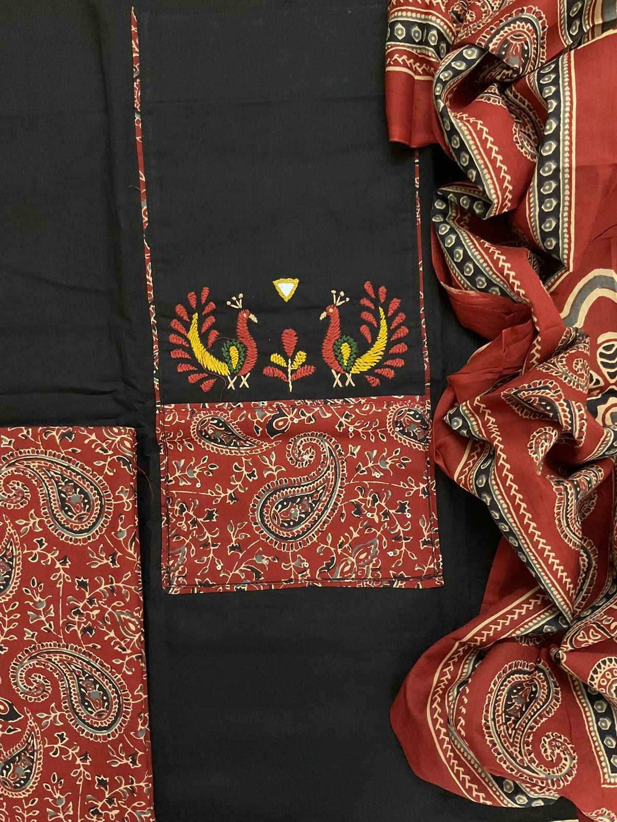 Pure Cotton Printed Embroidered Suit - Black