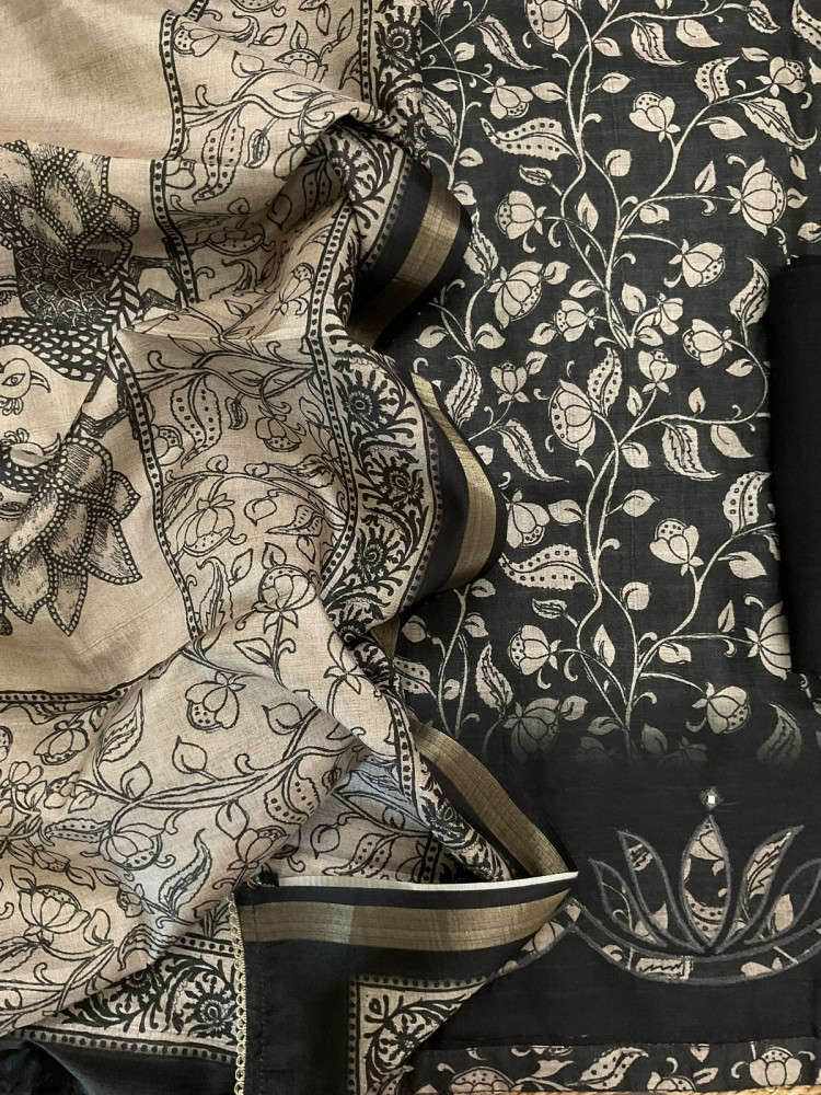 Image of Soft Semi Raw Silk Printed Embroidered Suit - Black