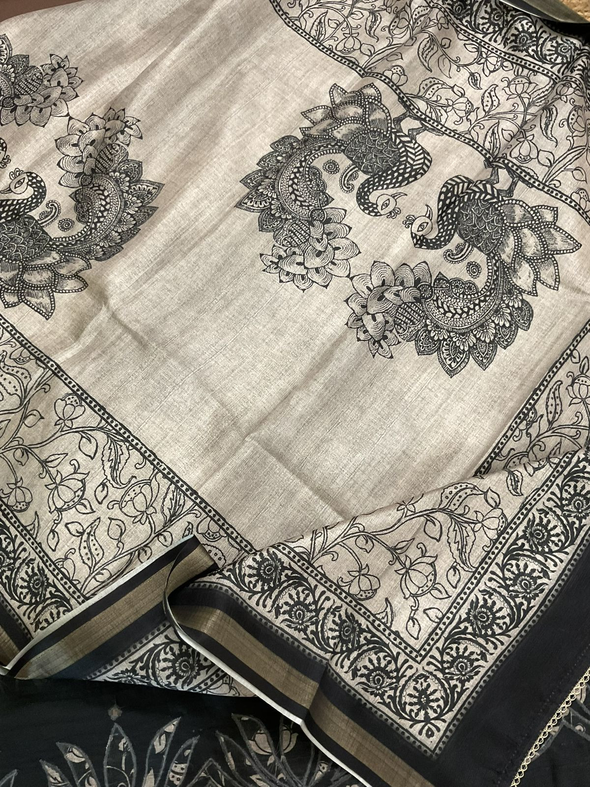 Soft Semi Raw Silk Printed Embroidered Suit - Black