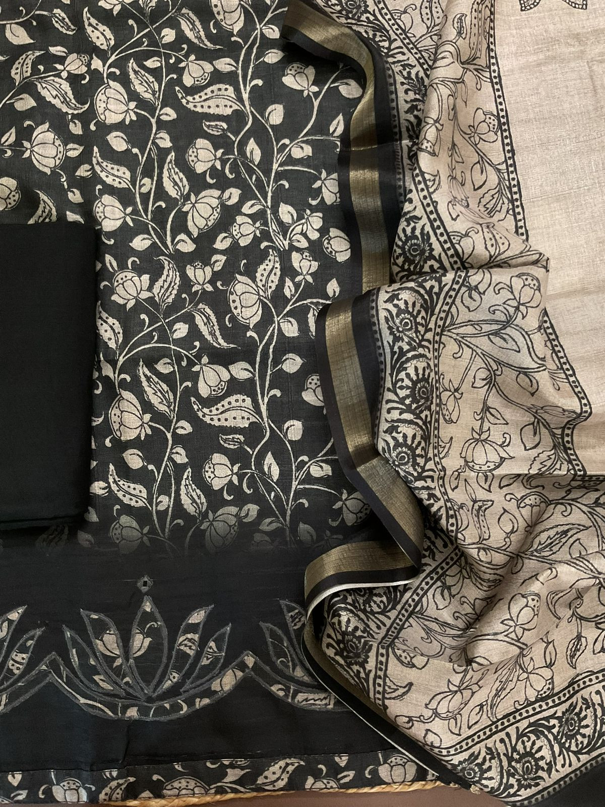 Soft Semi Raw Silk Printed Embroidered Suit - Black