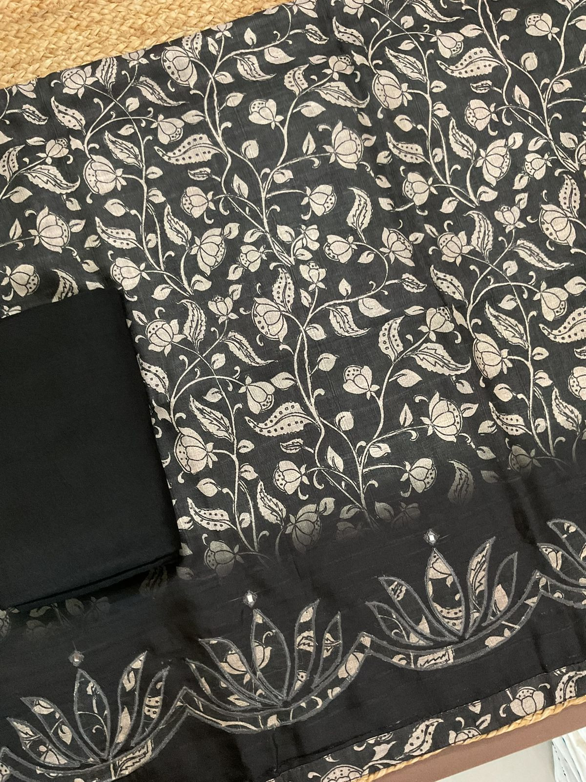 Soft Semi Raw Silk Printed Embroidered Suit - Black