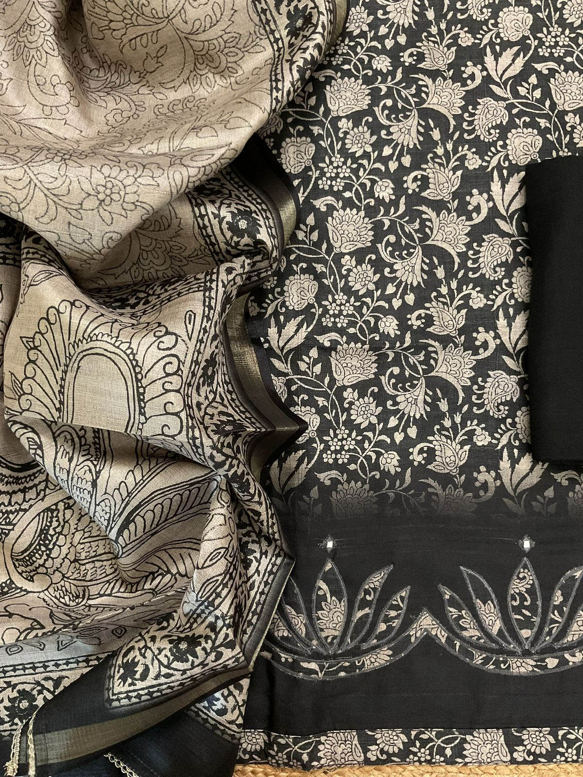 Soft Semi Raw Silk Printed Embroidered Suit - Black