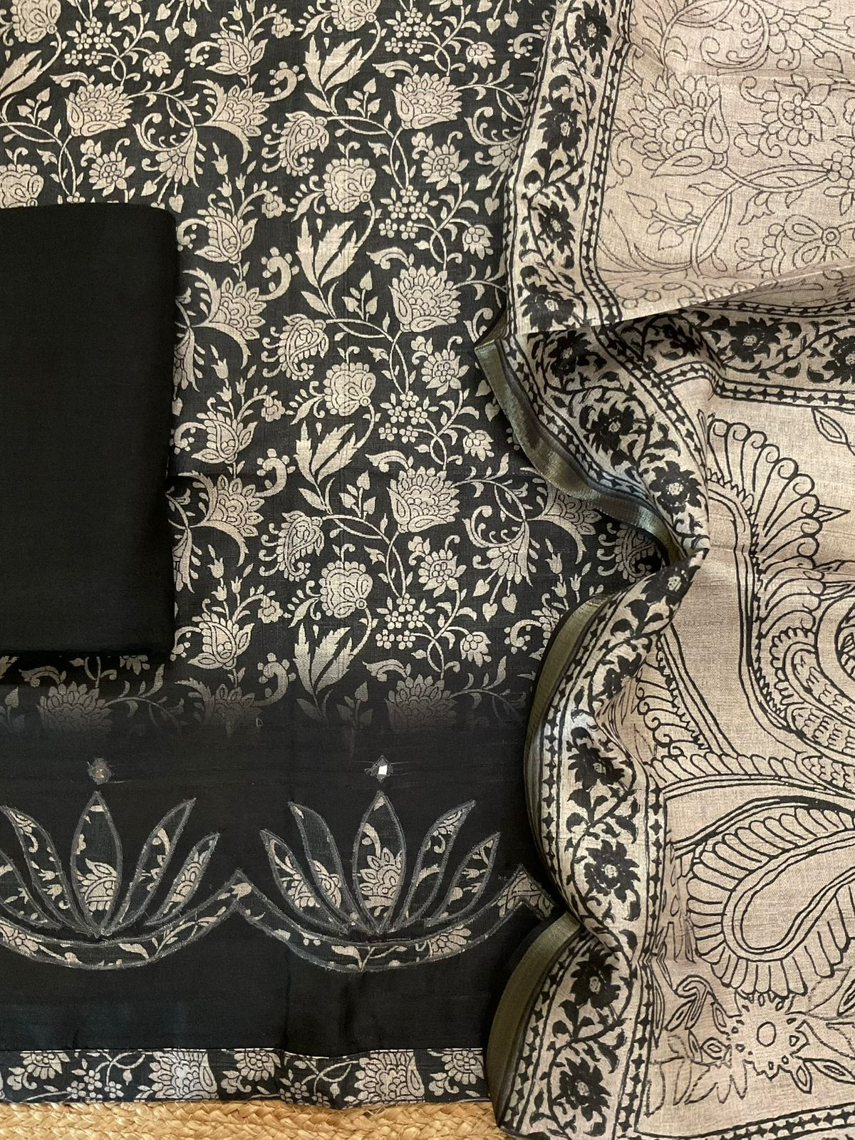 Soft Semi Raw Silk Printed Embroidered Suit - Black