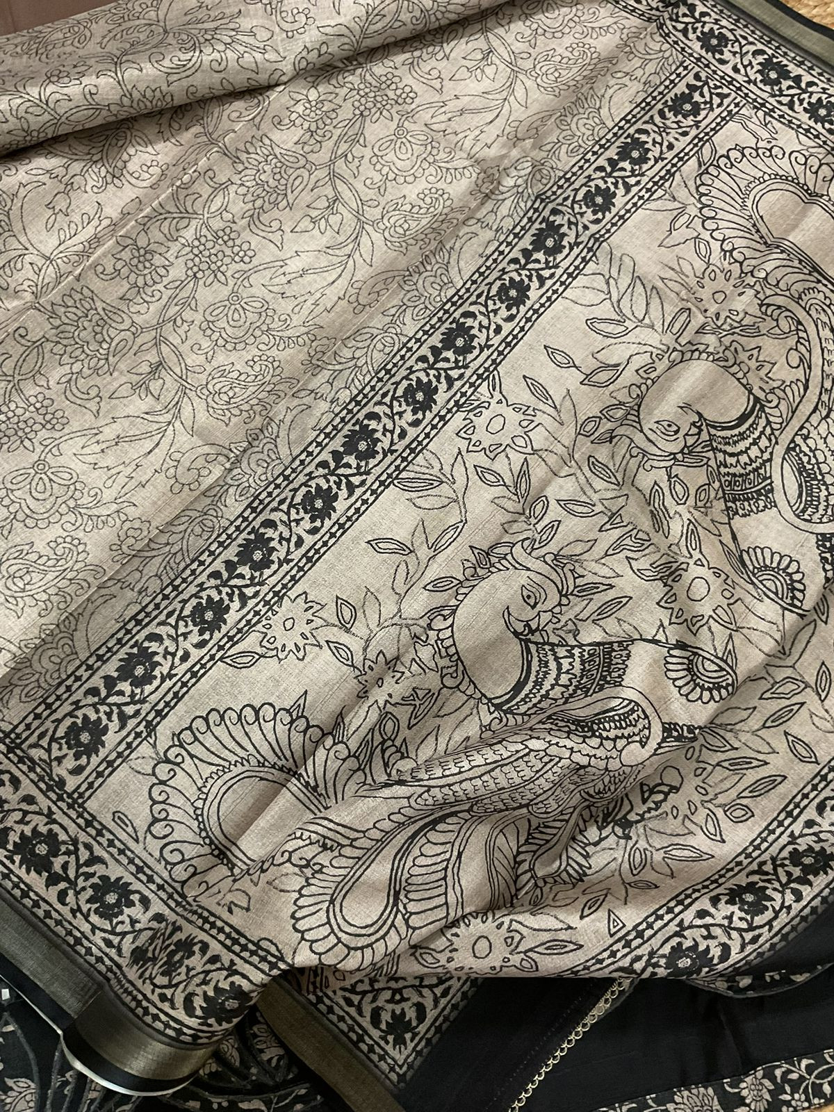 Soft Semi Raw Silk Printed Embroidered Suit - Black