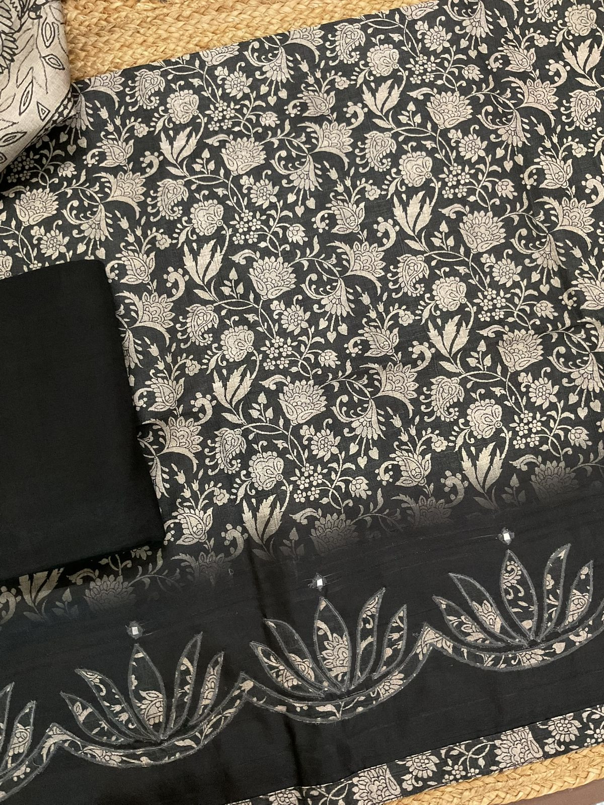 Soft Semi Raw Silk Printed Embroidered Suit - Black