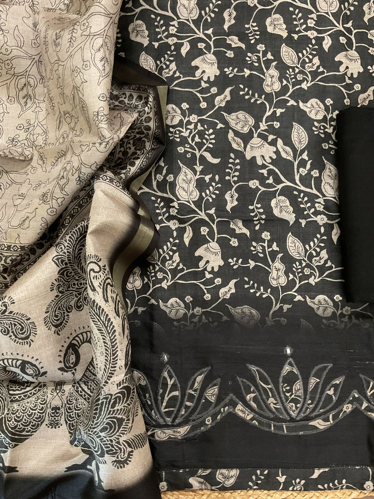 Soft Semi Raw Silk Printed Embroidered Suit - Black