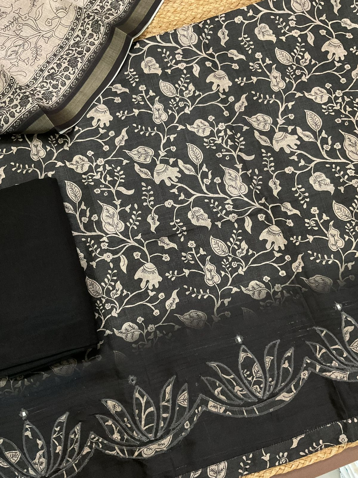 Soft Semi Raw Silk Printed Embroidered Suit - Black