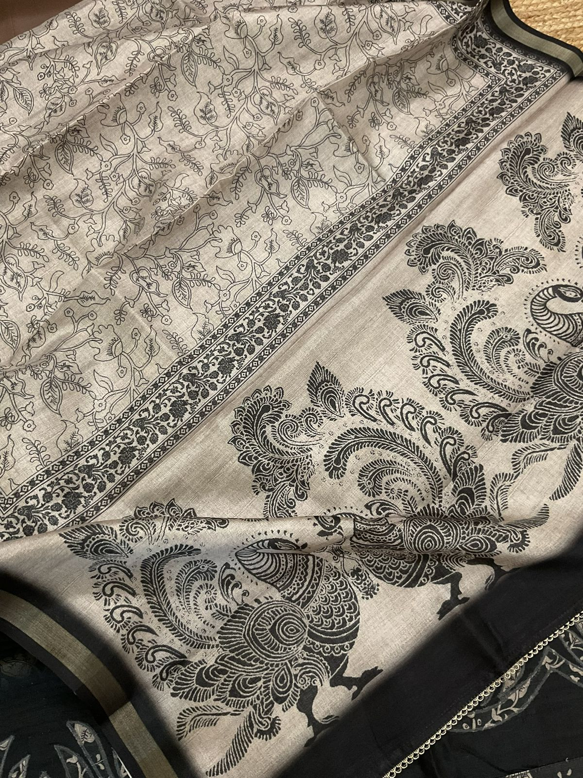 Soft Semi Raw Silk Printed Embroidered Suit - Black