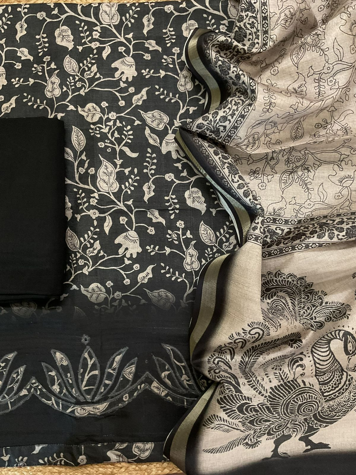 Soft Semi Raw Silk Printed Embroidered Suit - Black