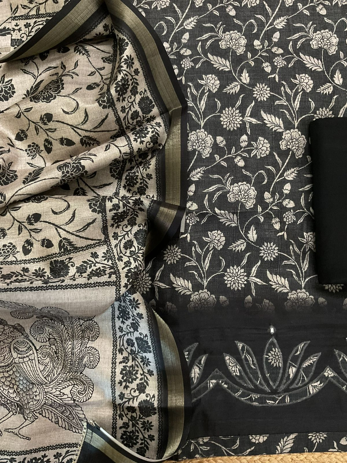 Soft Semi Raw Silk Printed Embroidered Suit - Black