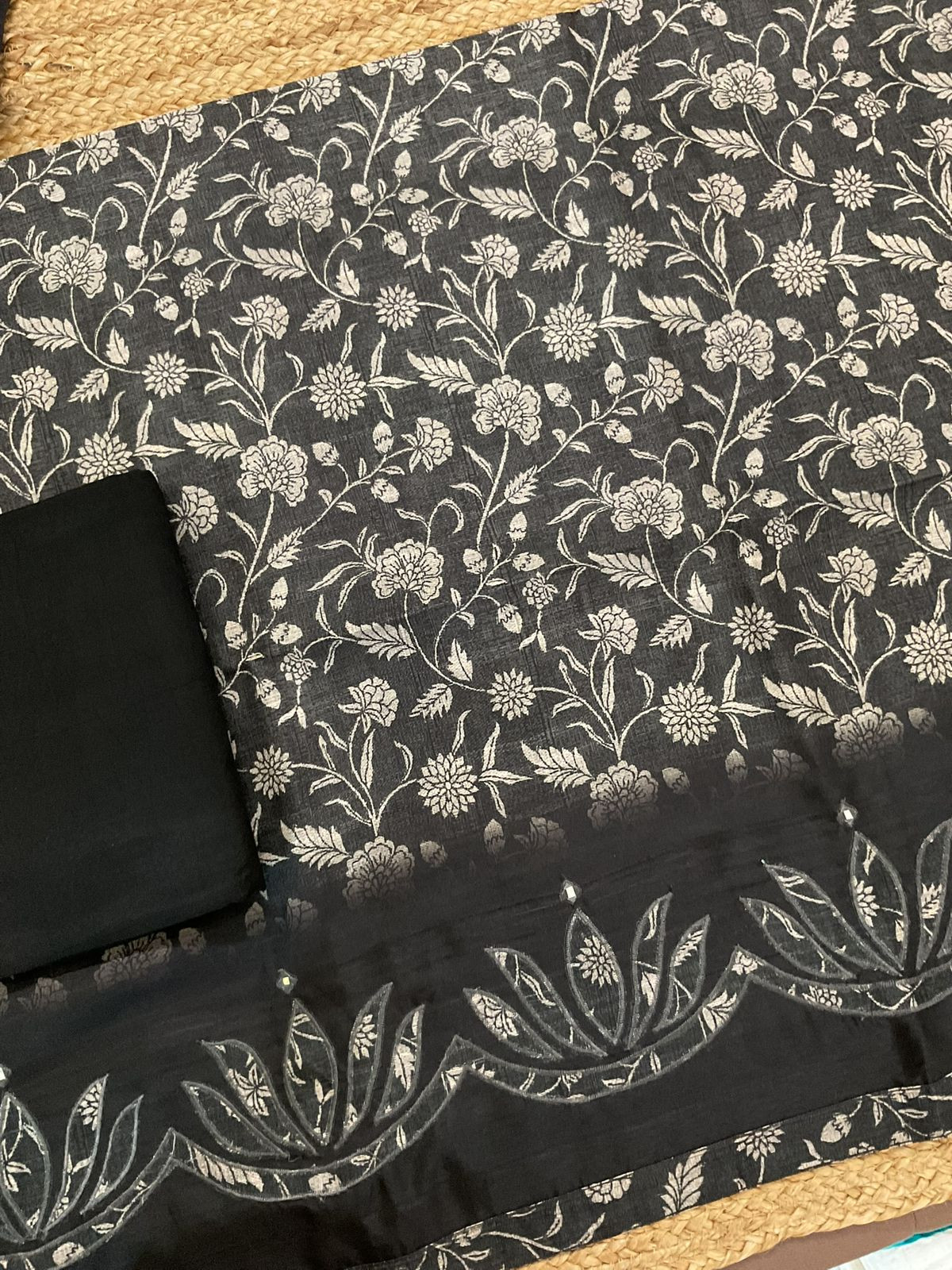 Soft Semi Raw Silk Printed Embroidered Suit - Black