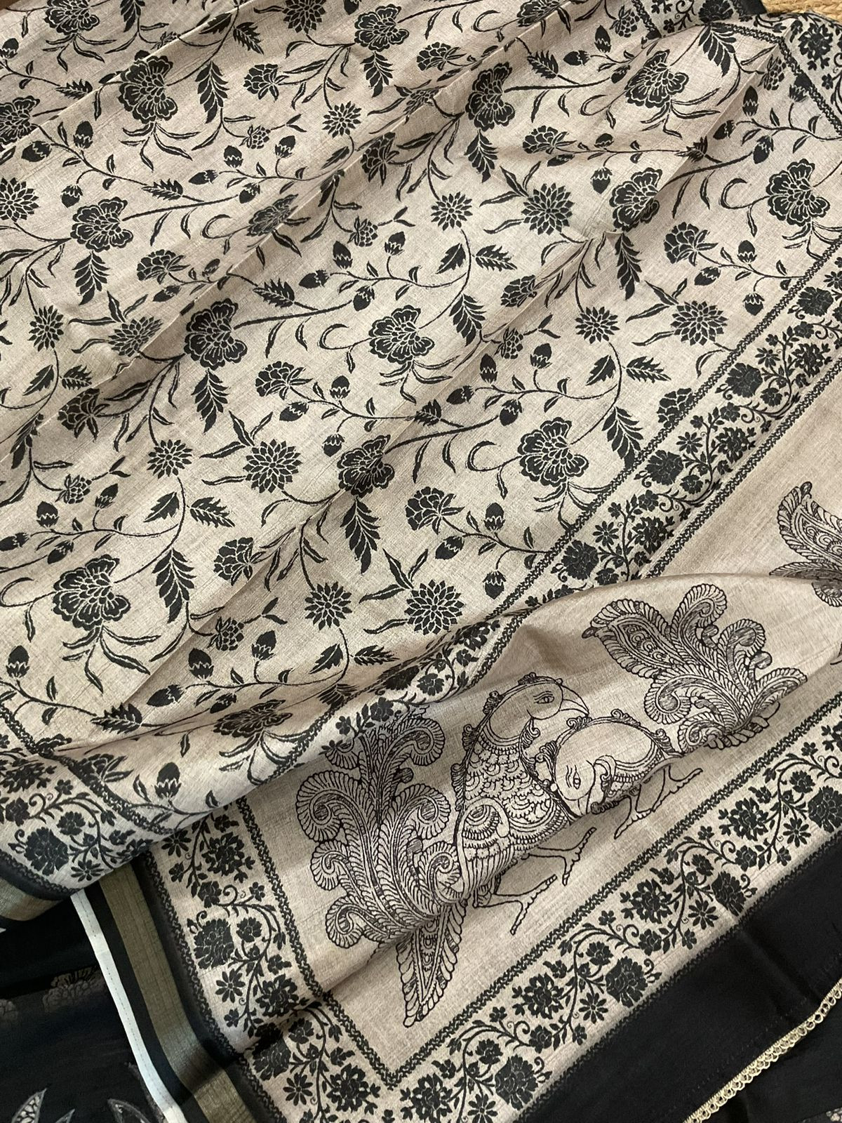 Soft Semi Raw Silk Printed Embroidered Suit - Black