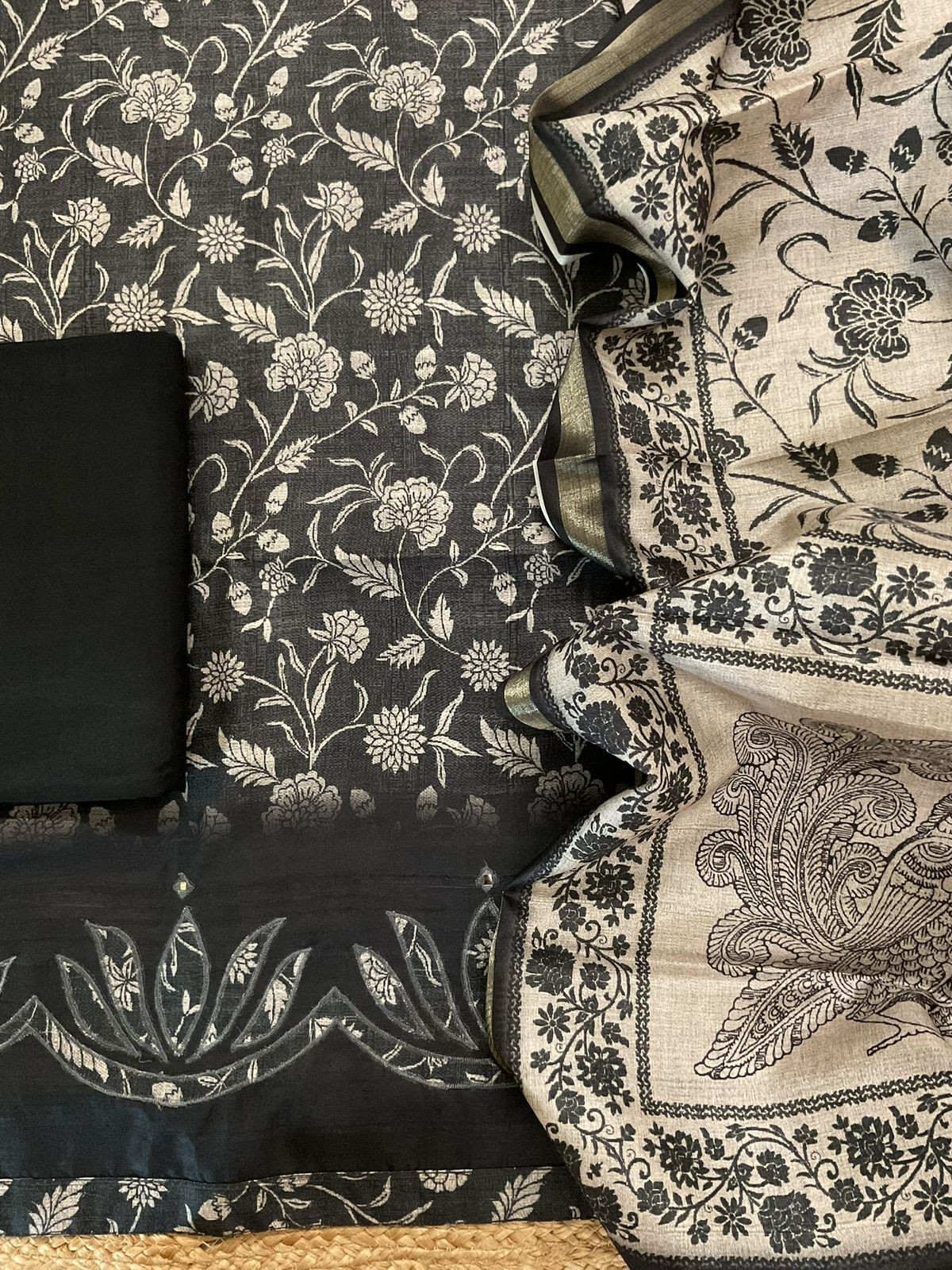 Soft Semi Raw Silk Printed Embroidered Suit - Black