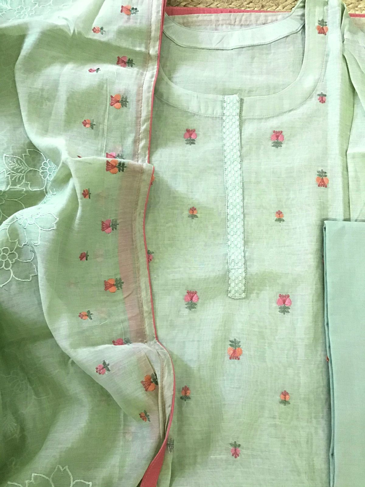 Pure Mul Chanderi Embroidered Suit - Green