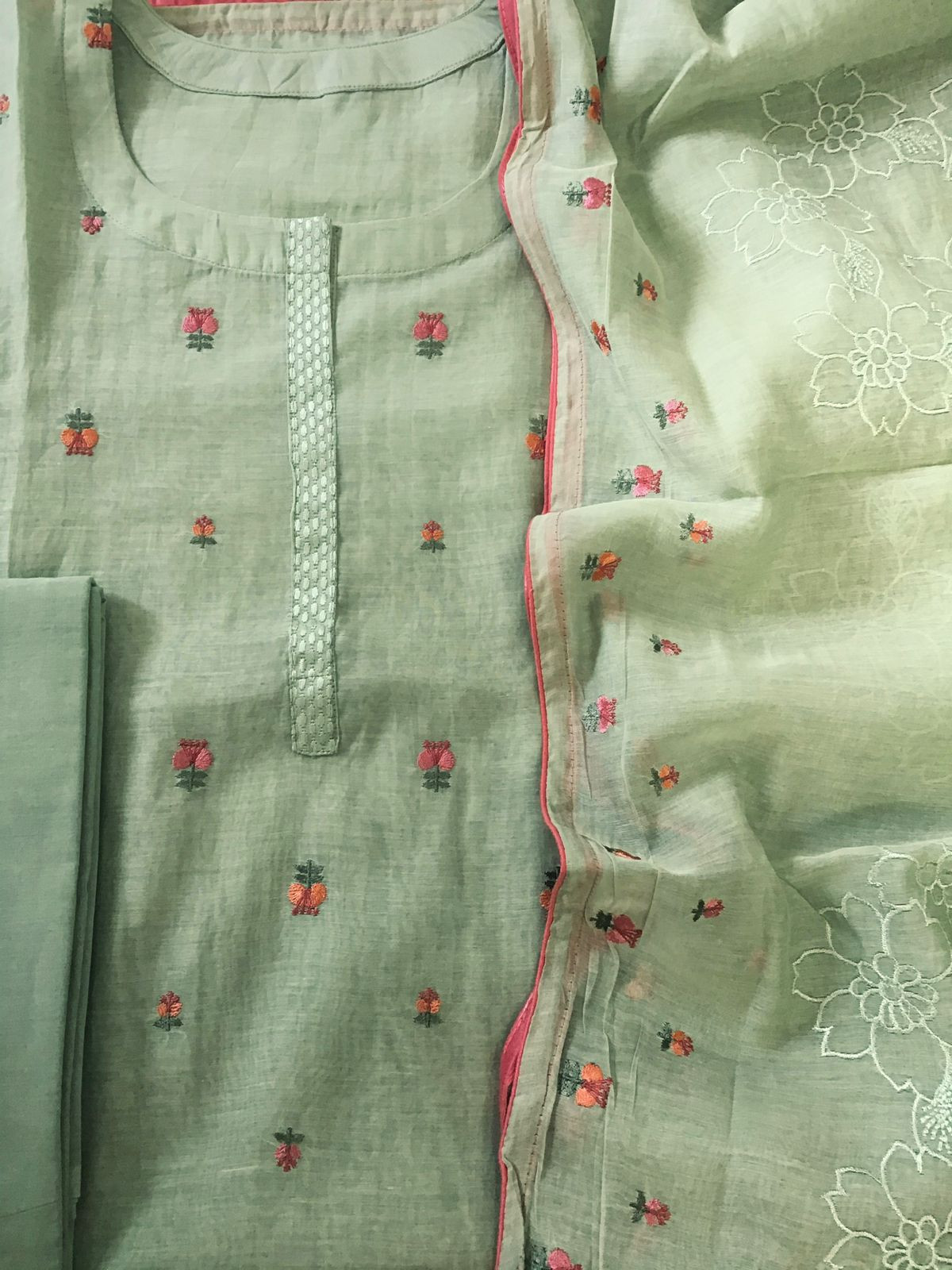 Pure Mul Chanderi Embroidered Suit - Green