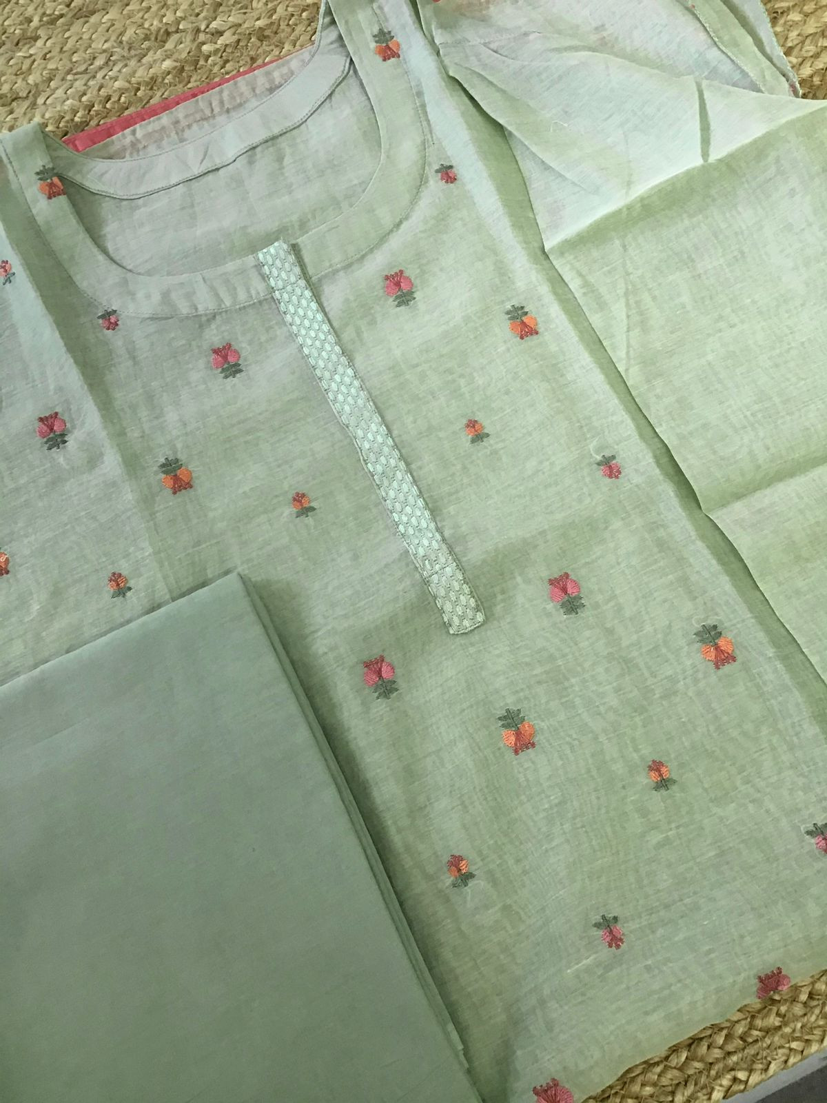Pure Mul Chanderi Embroidered Suit - Green