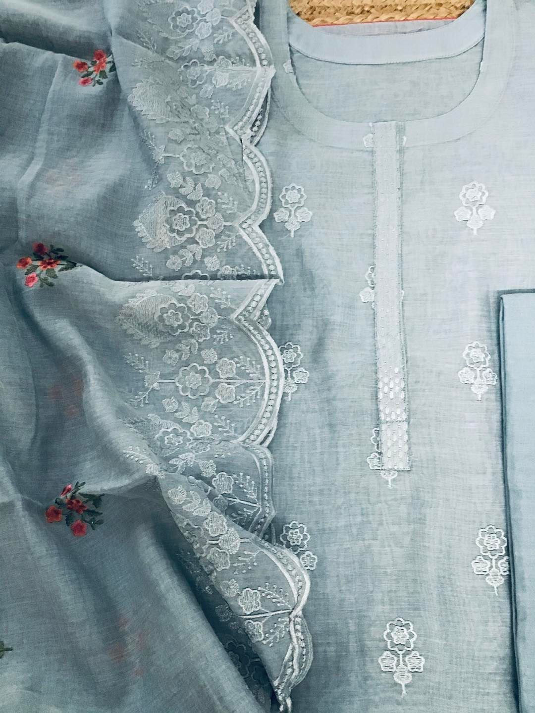 Pure Mul Chanderi Embroidered Suit - Grey