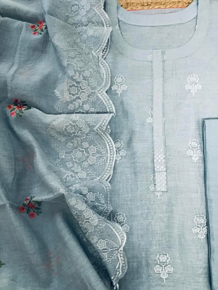 Image of Pure Mul Chanderi Embroidered Suit - Grey