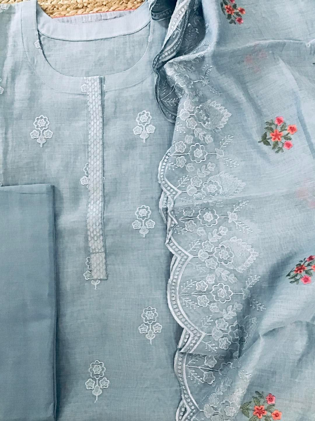 Pure Mul Chanderi Embroidered Suit - Grey