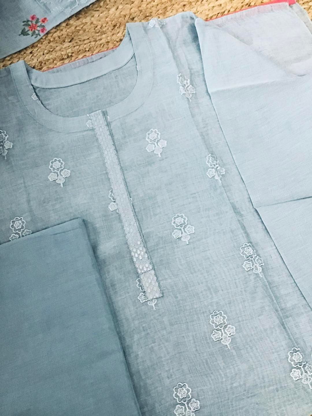 Pure Mul Chanderi Embroidered Suit - Grey